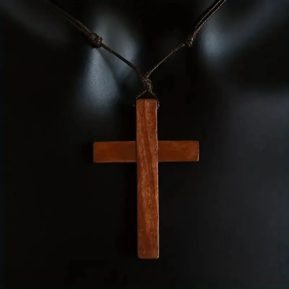 Brown Wooden Cross Pendant Necklace